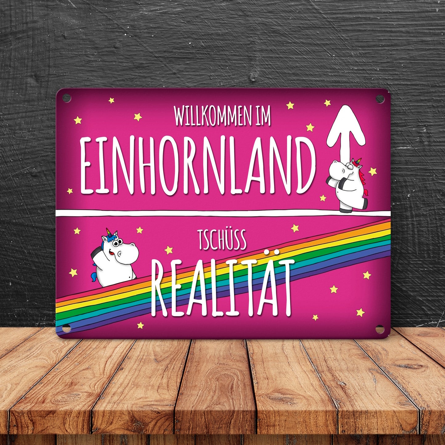 Honeycorns Metallschild mit Einhorn Stadtschild Motiv und Spruch: Willkommen im Einhornland