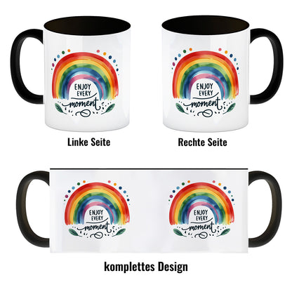 Regenbogen Kaffeebecher in schwarz mit Spruch Enjoy every moment