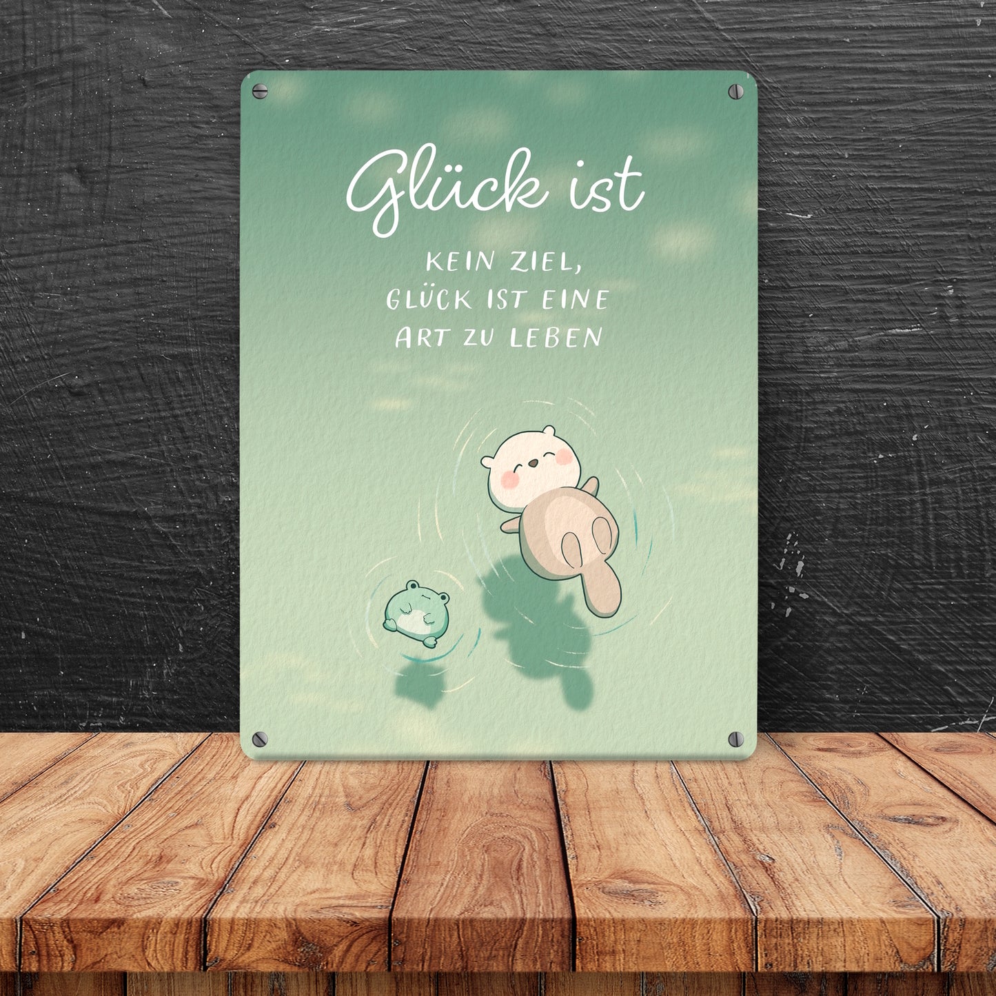 Otter und Frosch Metallschild in 15x20 cm mit Spruch Glück ist eine Lebensart