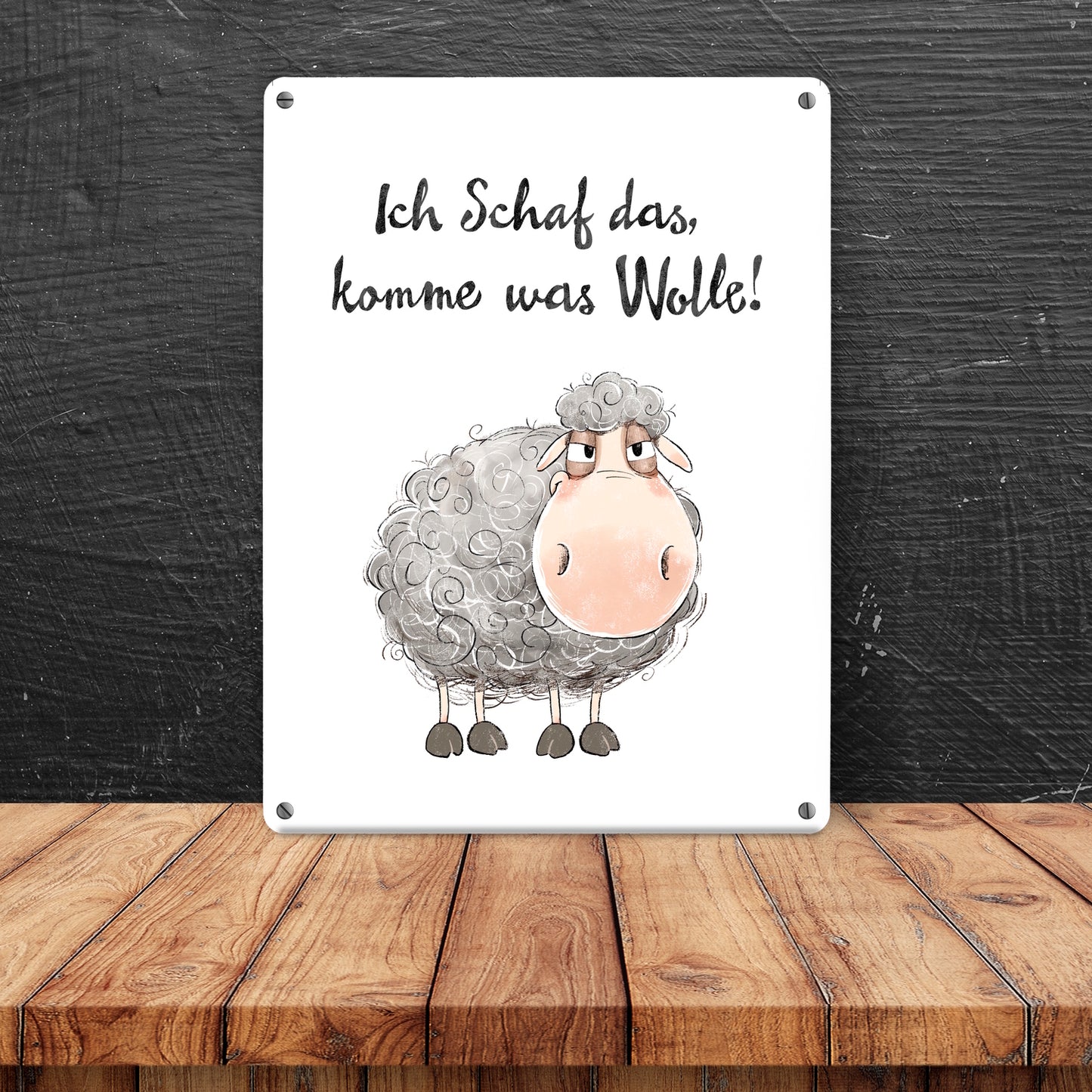 Schaf Metallschild XL in 21x28 cm mit Spruch Ich Schaf das komme was Wolle