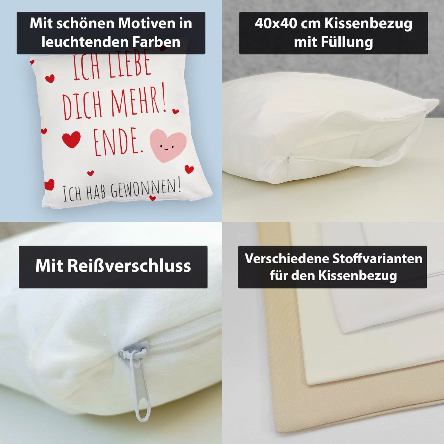 Herzen Kuschelkissen mit Spruch Ich liebe dich mehr! Ende.