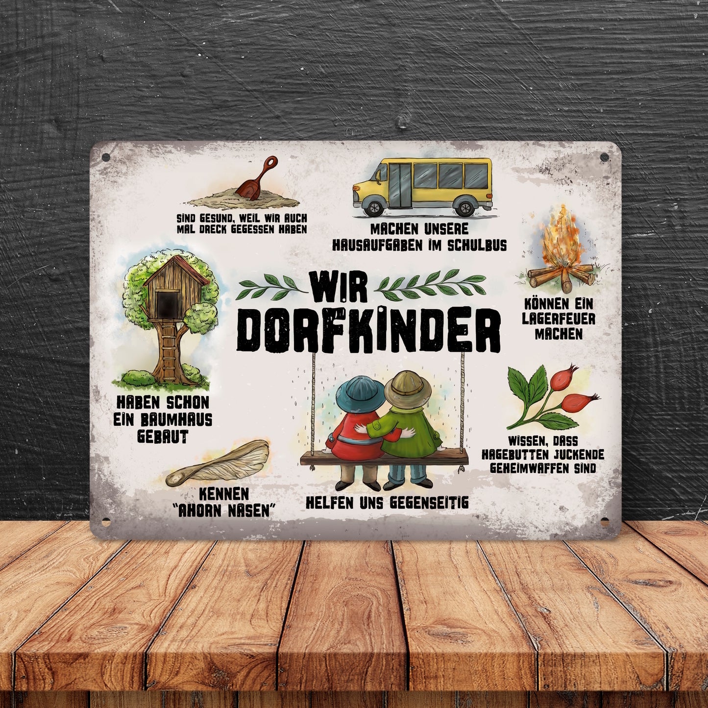 Metallschild XL mit Retro Motiv und Spruch: Wir Dorfkinder