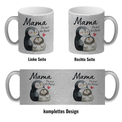 Pinguin Mutter und Kind Glitzer-Kaffeebecher mit Spruch Mama du bist die Beste