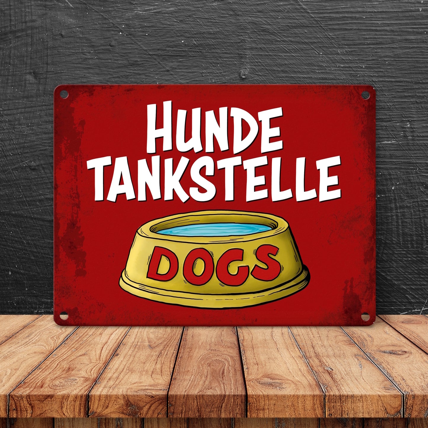 Metallschild mit Wassernapf Motiv und Spruch: Hundetankstelle