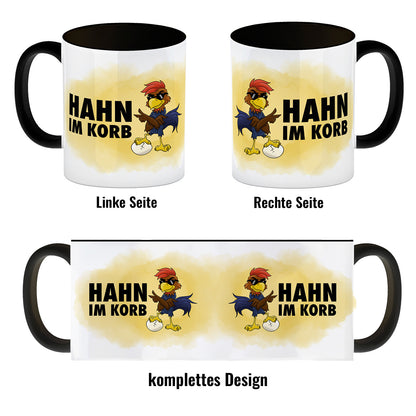 Hahn im Korb Kaffeebecher Schwarz Das einzigartige Cartoon-Motiv eines Hahns macht diesen Kaffeebecher zu einem echt ausgefallenem Geschenk für Kollegen, Familie und Freunde die vielleicht alleine als Hahn im Korb sitzen. mit Cartoon-Hahn, Aufschrift Moti