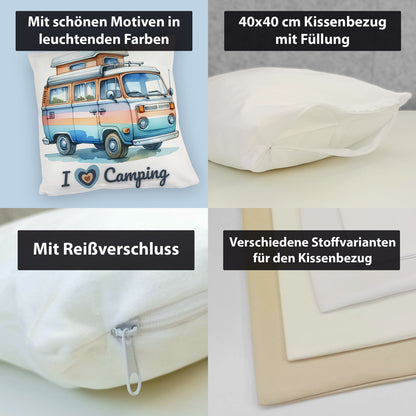 Campervan Kuschelkissen mit Spruch I love Camping