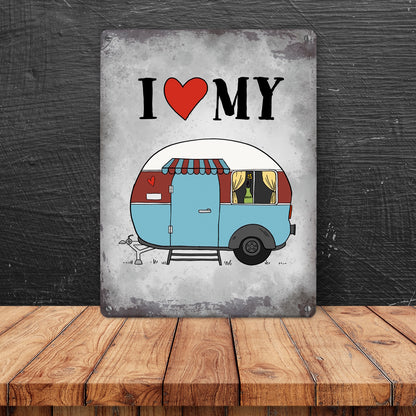 Metallschild XL mit Wohnwagen Motiv und Spruch: I love my Caravan