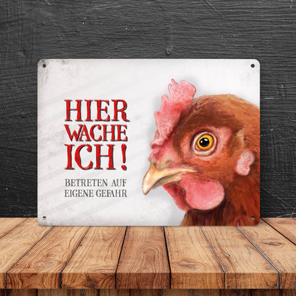 Metallschild XL mit Huhn Motiv und Spruch: Betreten auf eigene Gefahr ...