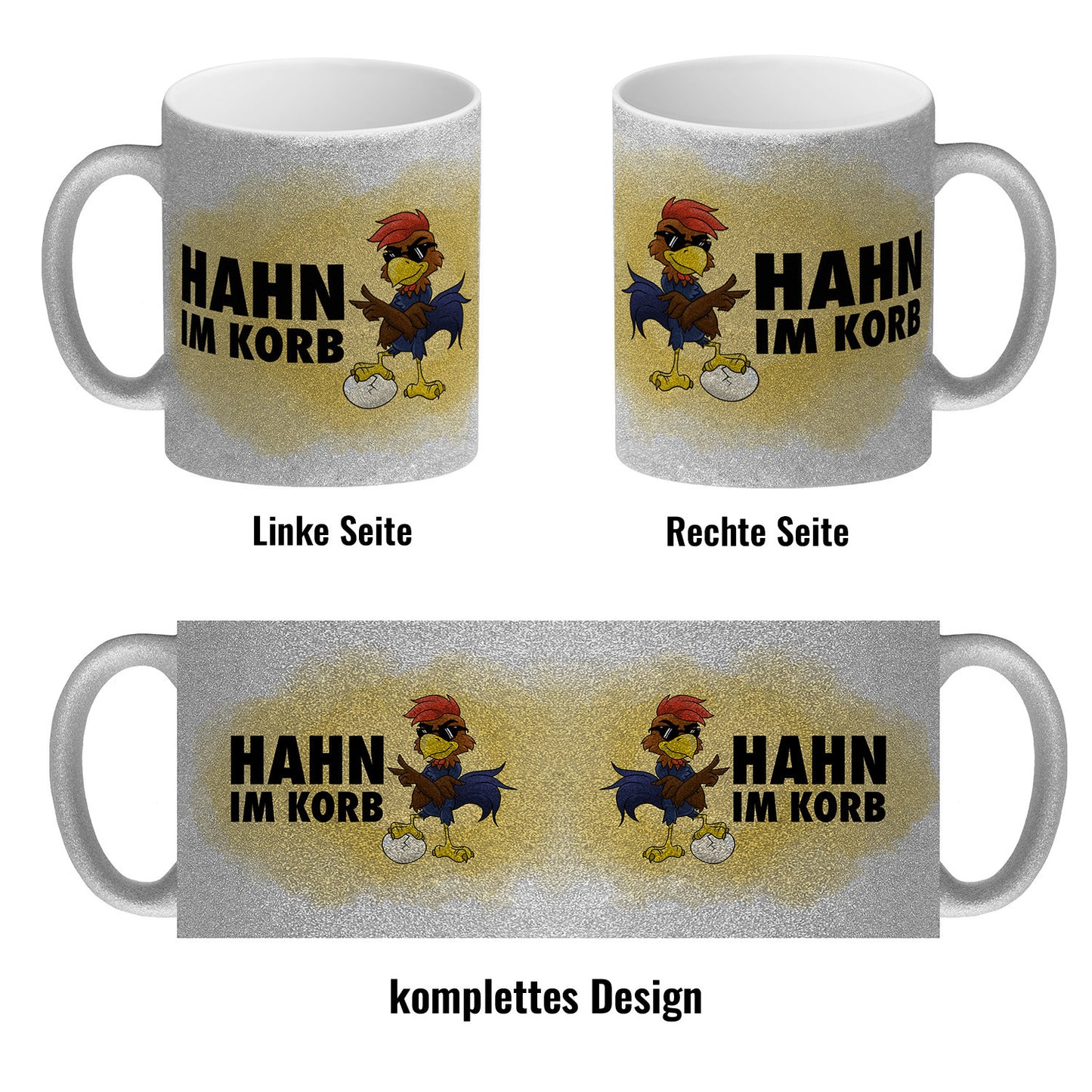 Hahn im Korb Glitzer-Kaffeebecher Das einzigartige Cartoon-Motiv eines Hahns macht diesen Kaffeebecher zu einem echt ausgefallenem Geschenk für Kollegen, Familie und Freunde die vielleicht alleine als Hahn im Korb sitzen. mit Cartoon-Hahn, Aufschrift Moti