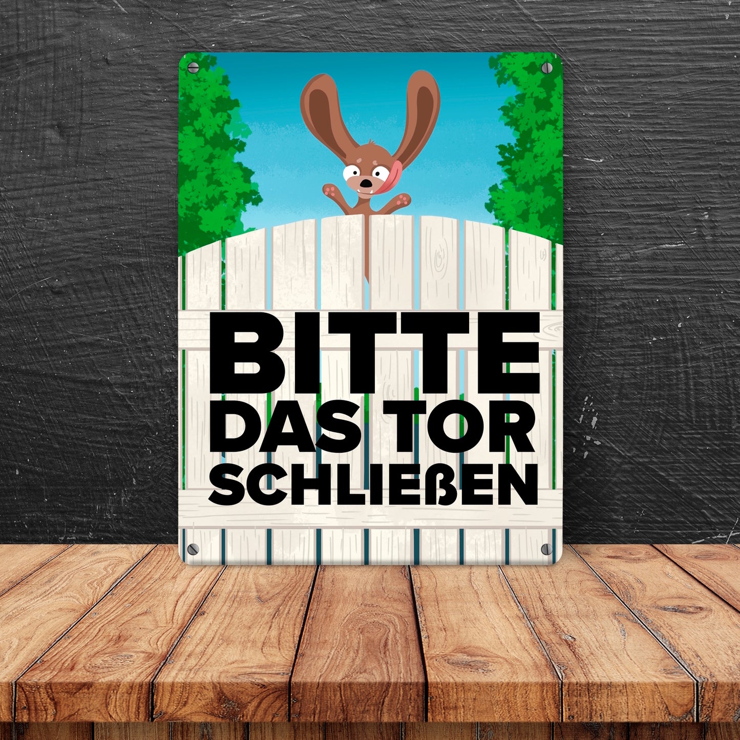 Bitte das Tor schließen Metallschild XL in 21x28 cm mit lustigem braunem Hund