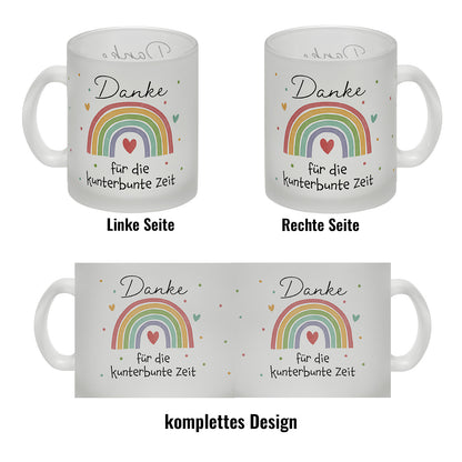 Regenbogen Glas Tasse mit Spruch Danke für die kunterbunte Zeit