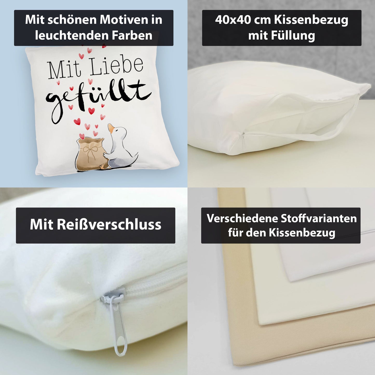 Ente Kuschelkissen mit Spruch Mit Liebe gefüllt