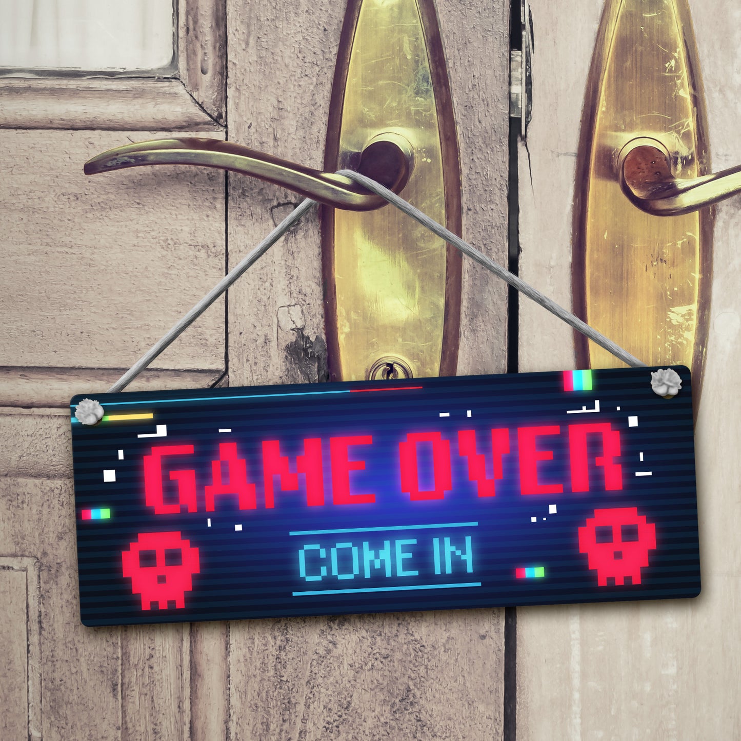 Gaming in progress oder Game Over Wendeschild im Pixel Look