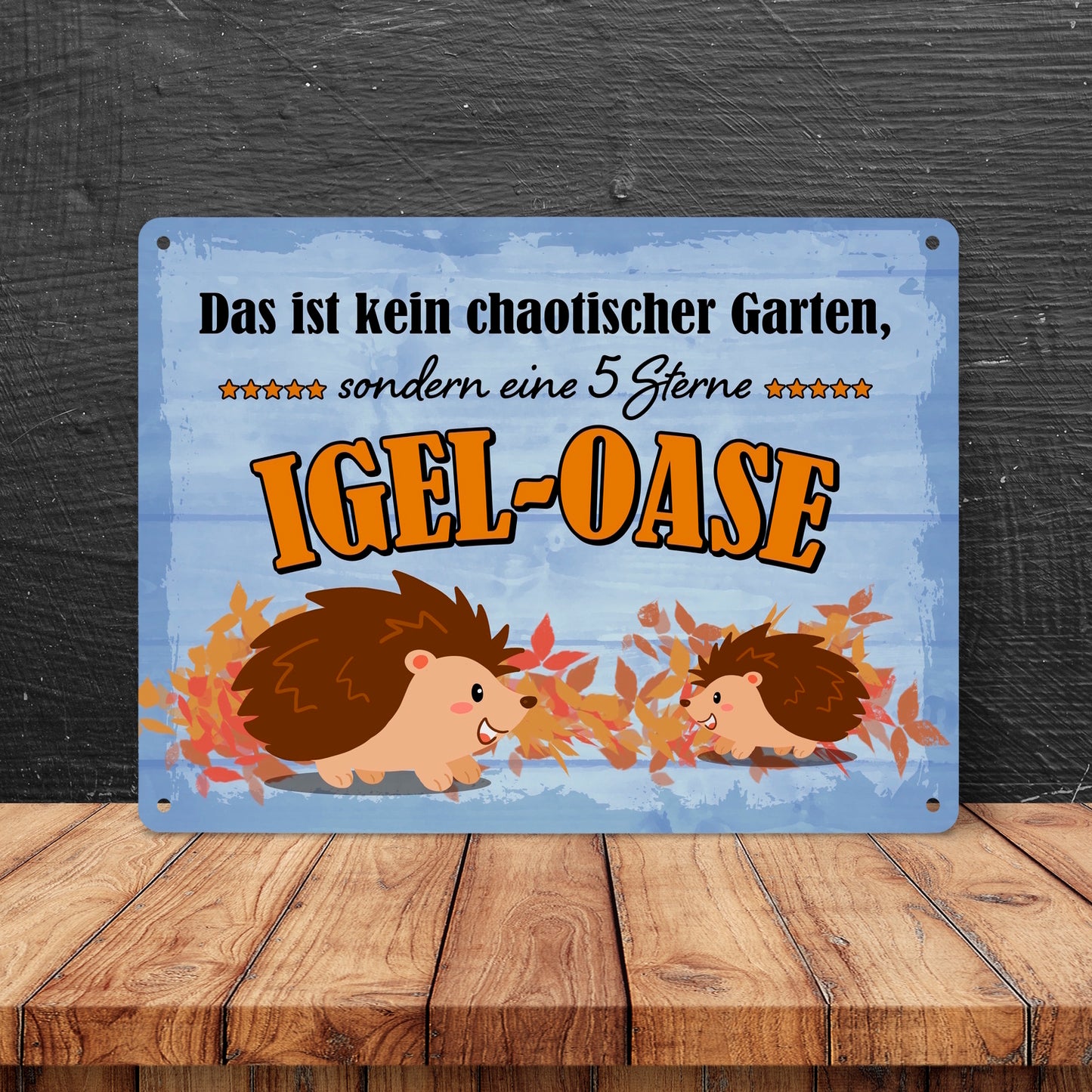 Igel Metallschild XL in 21x28 cm mit Spruch - Garten ist eine 5 Sterne Igel-Oase