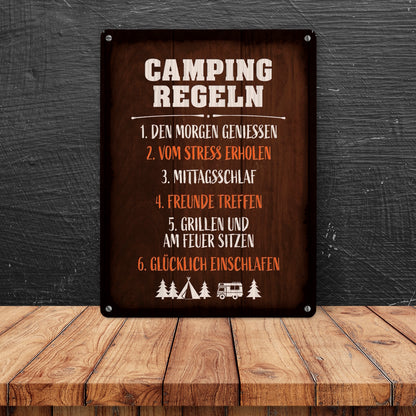 Metallschild XL mit Camping Motiv und Spruch: Camping regeln