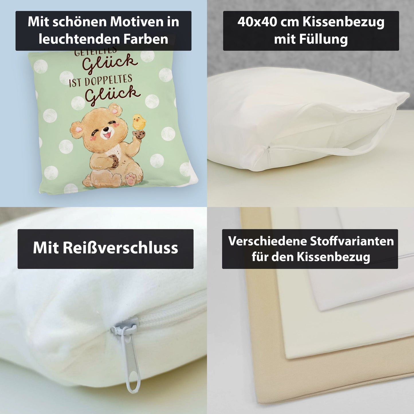 Bär Kuschelkissen mit Spruch Geteiltes Glück ist doppeltes Glück