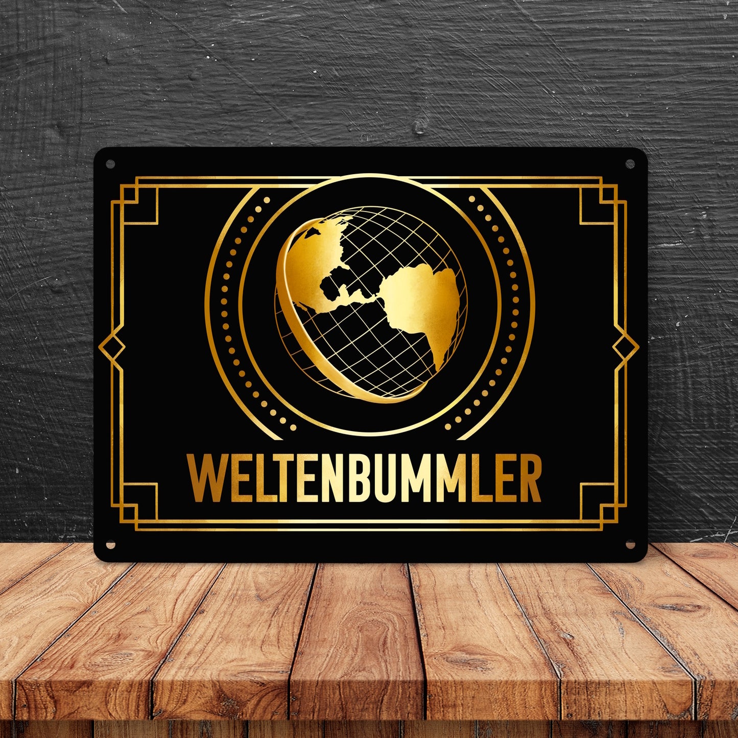 Weltenbummler Metallschild XL in 21x28 cm mit goldenem Globus und Reisemotiv