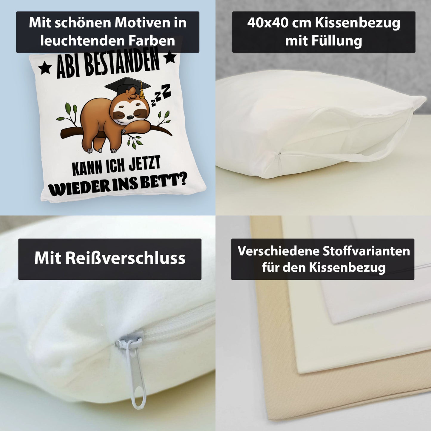 Abi bestanden Faultier Kuschelkissen mit Spruch zurück ins Bett