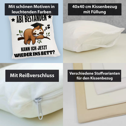 Abi bestanden Faultier Kuschelkissen mit Spruch zurück ins Bett