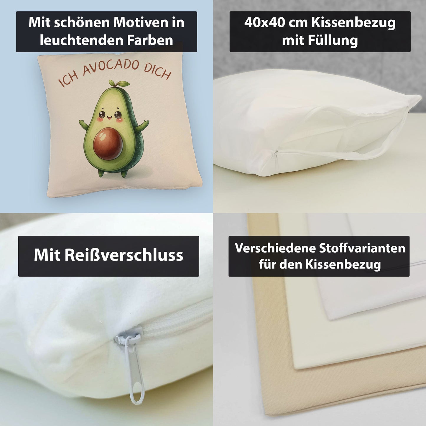 Avocado Kissen mit Leinenoptik mit Spruch Ich Avocado dich