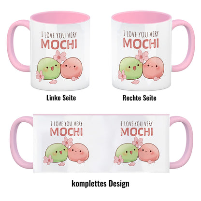 Mochi Paar Kaffeebecher in rosa mit Spruch I love you very Mochi