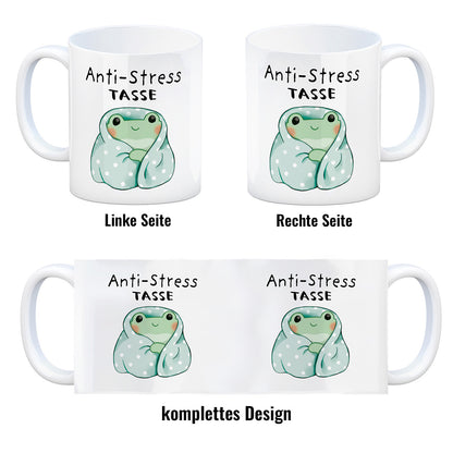 Frosch in blauer Decke mit Spruch Anti-Stress Tasse