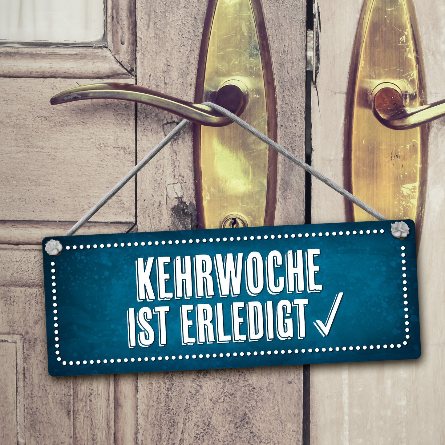 Kehrwoche wird noch gemacht oder ist erledigt Wendeschild mit Kordel in Rot-blau