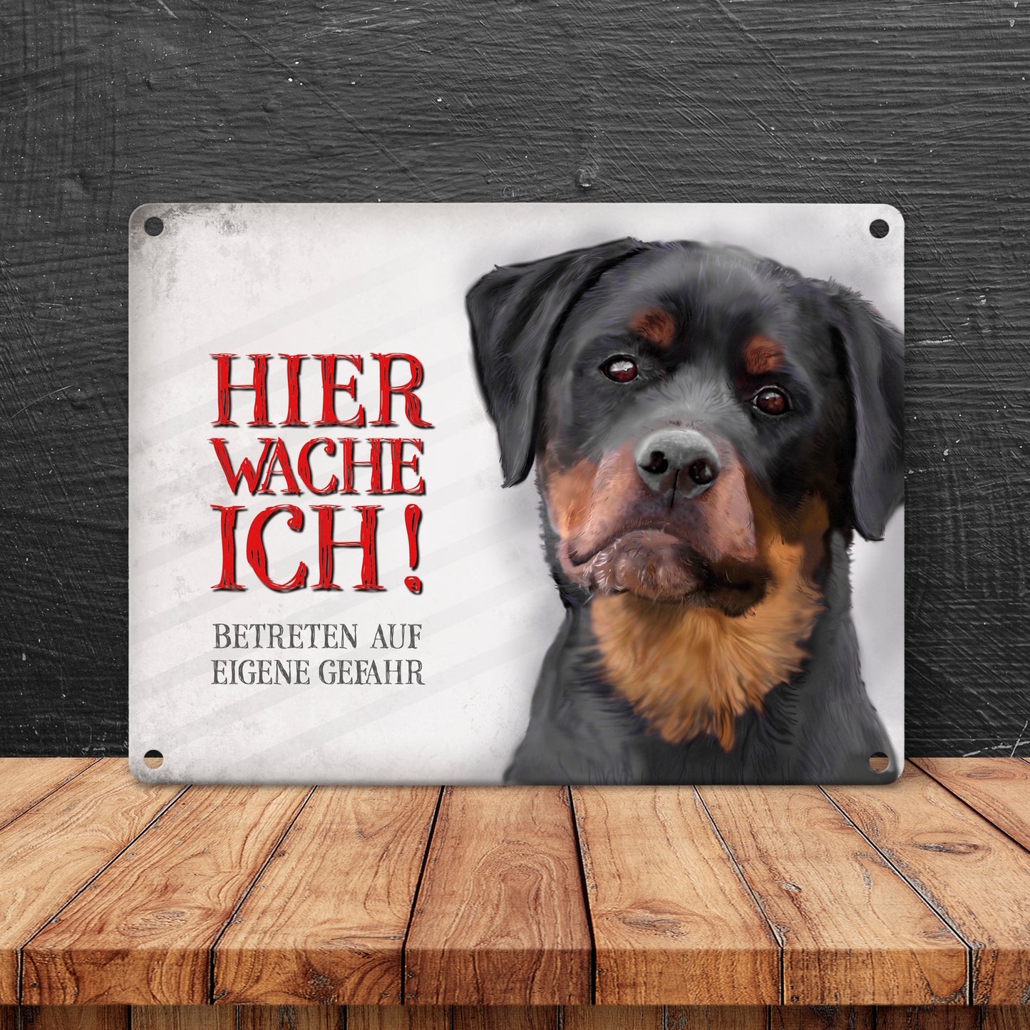 Metallschild mit Rottweiler Motiv und Spruch: Betreten auf eigene Gefahr ...