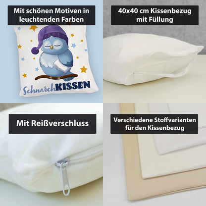 Schlafende Eule Kuschelkissen mit Spruch SchnarchKuschelkissen