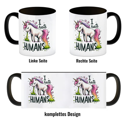 Kotzendes Einhorn Kaffeebecher in schwarz mit Spruch I hate Humans