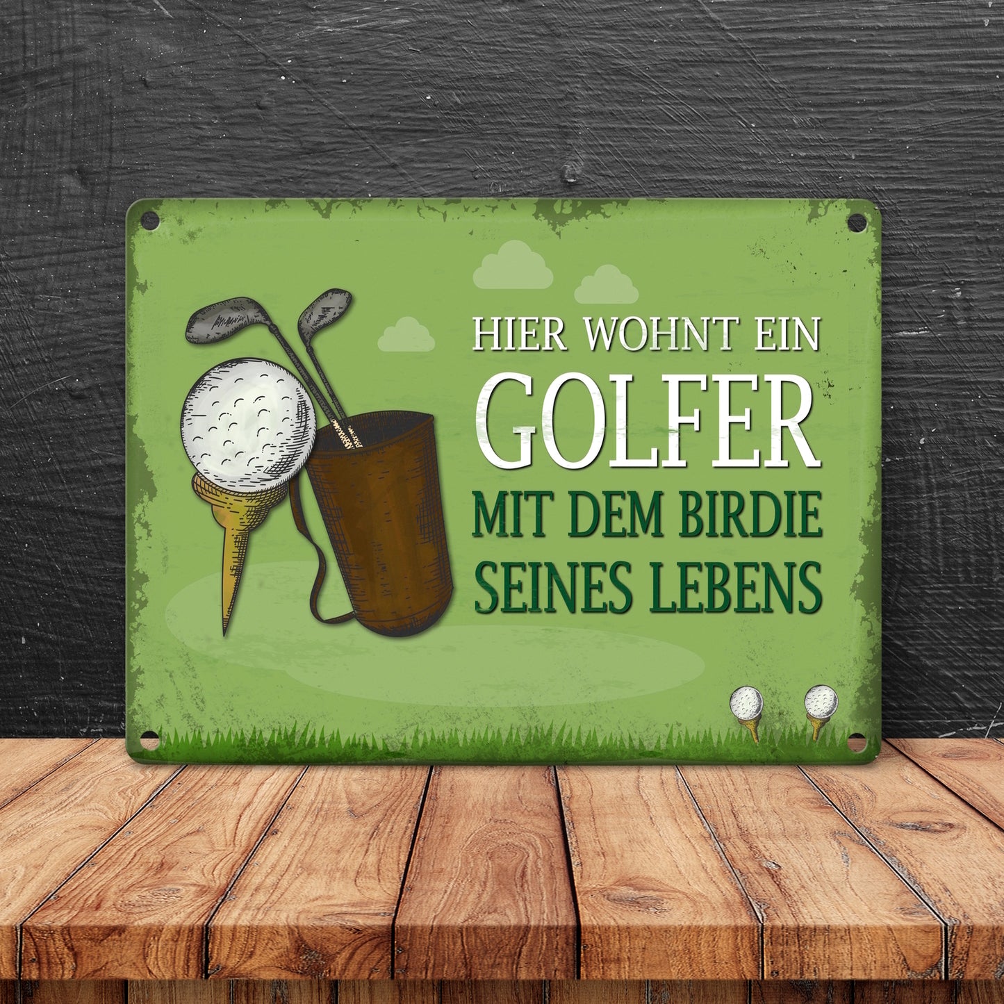 Metallschild mit Spruch: Hier wohnt ein Golfer - mit dem Birdie…