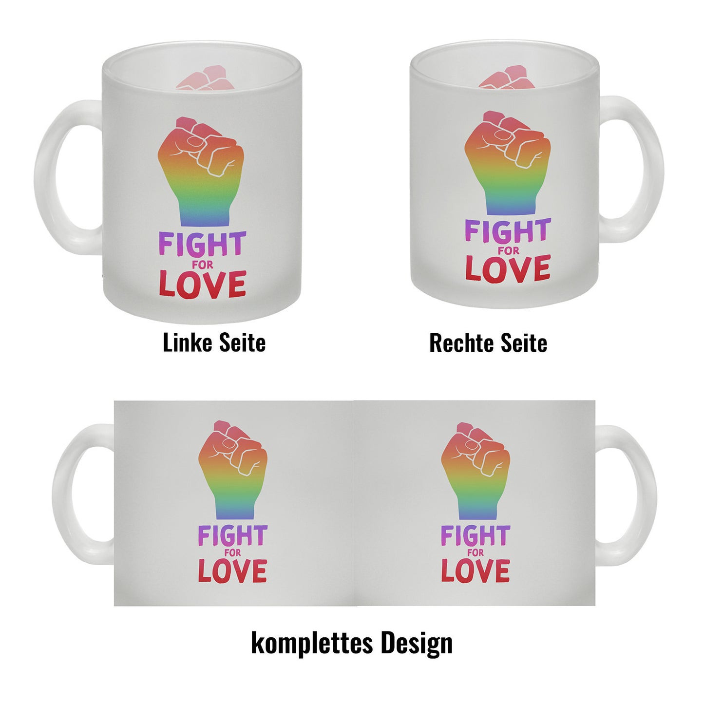 Fight for Love Glas Tasse mit Faust in Regenbogenfarben