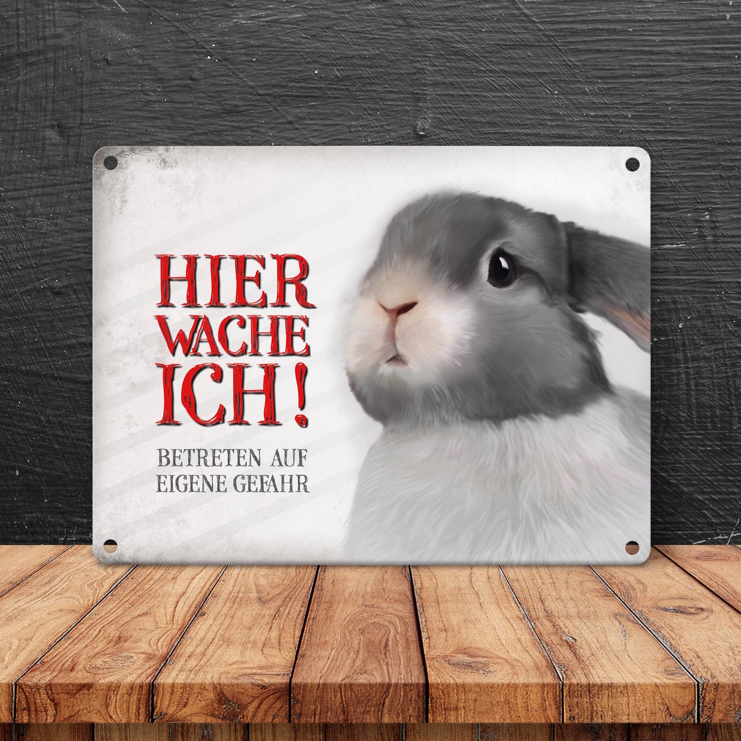 Metallschild mit Hase Motiv und Spruch: Betreten auf eigene Gefahr ...