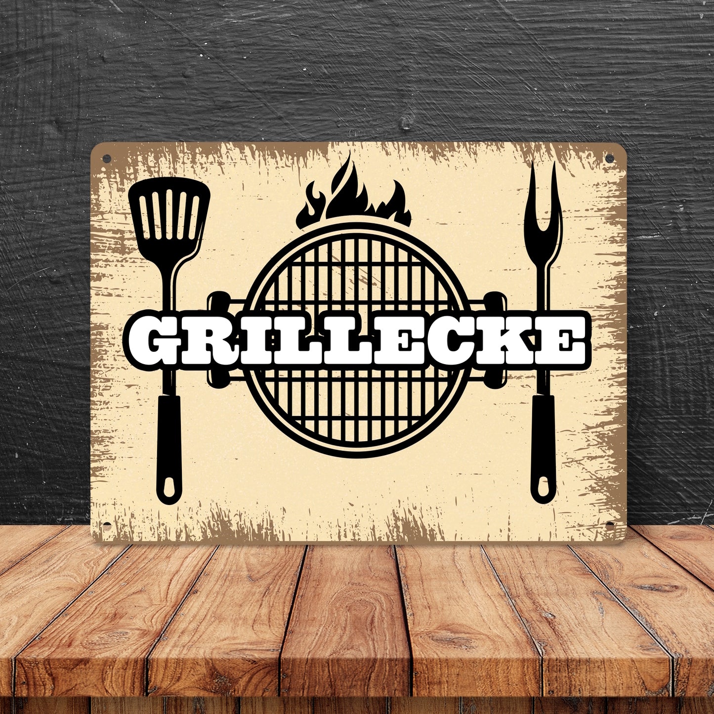 Grillecke Metallschild XL mit coolem Grillmotiv auf beigem Hintergrund