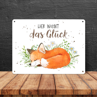 Fuchs Metallschild XL in 21x28 cm in weiß mit Spruch Hier wohnt das Glück