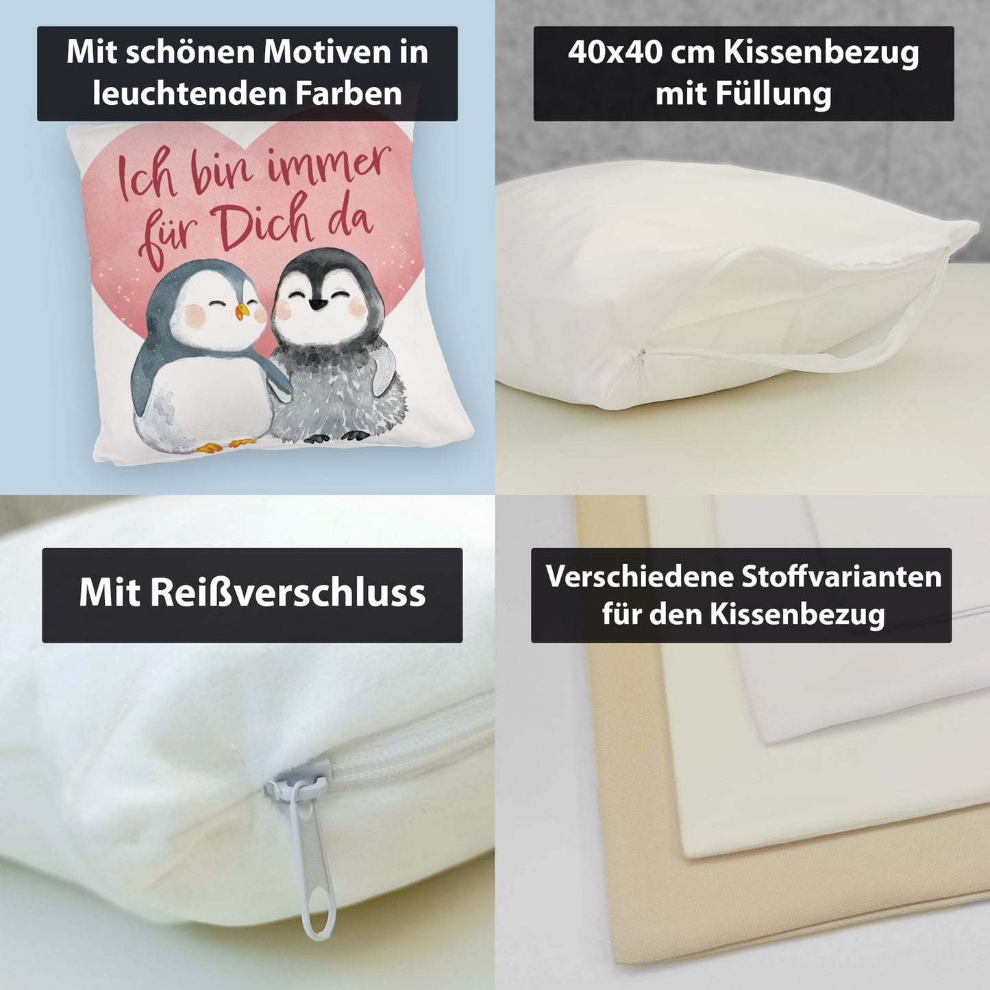 Pinguin Paar Kuschelkissen mit Spruch Ich bin immer für dich da