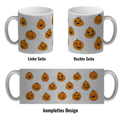 Glitzer-Kaffeebecher im Halloween Design - mit vielen lustigen geschnitzten Kürbisköpfen