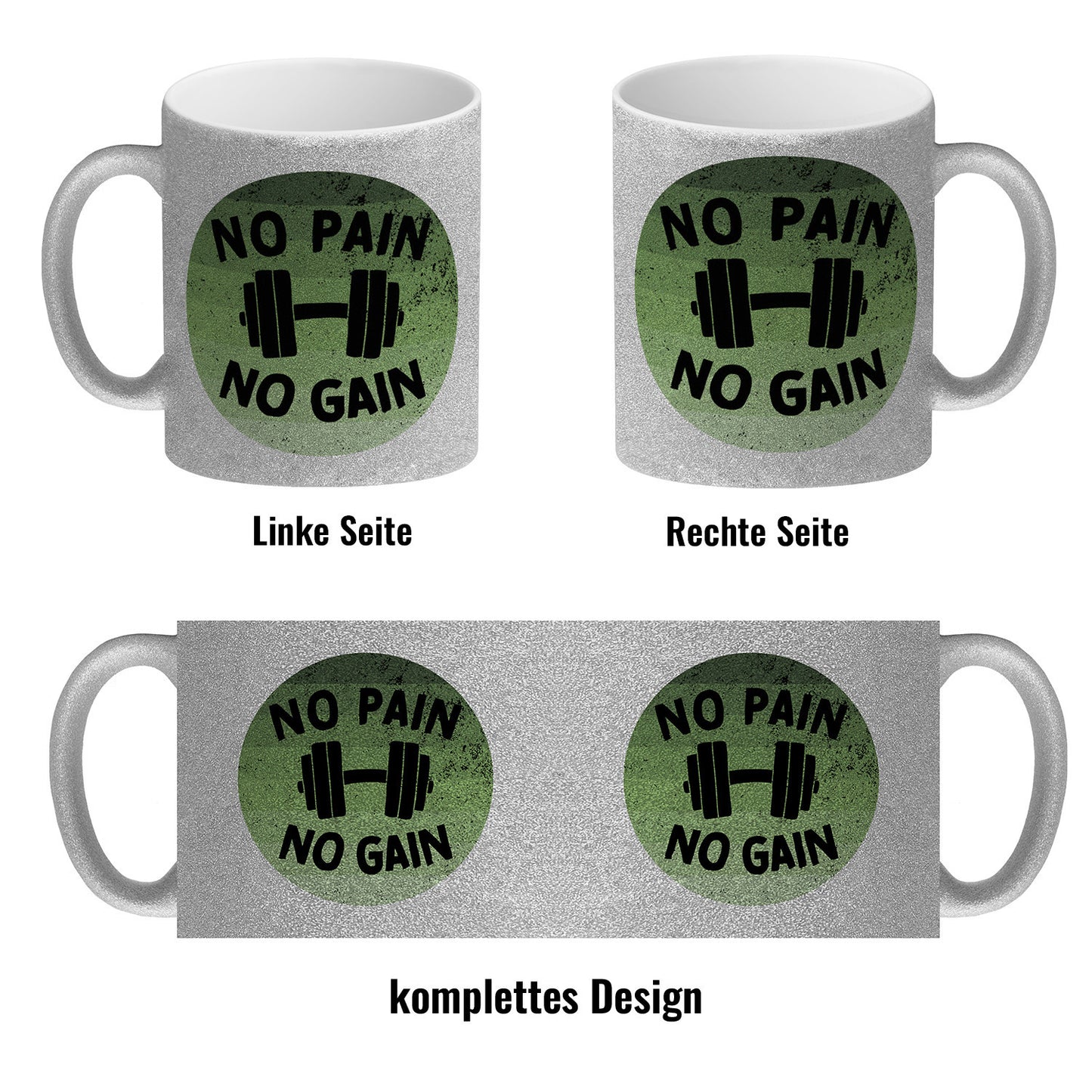 No pain no gain Fitness Glitzer-Kaffeebecher mit Hantel