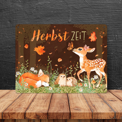 Tiere des Waldes Metallschild XL in 21x28 cm mit Spruch Herbstzeit