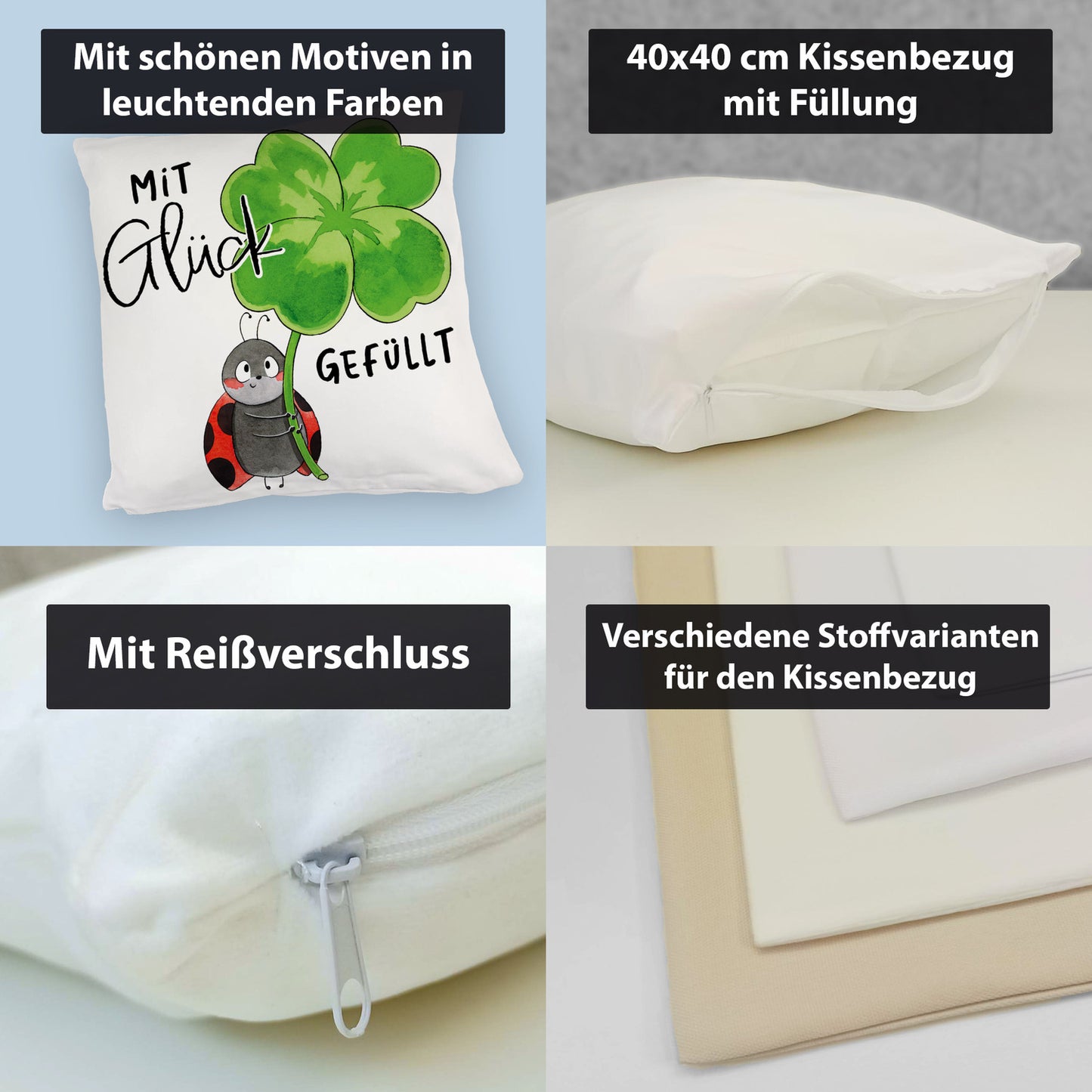 Marienkäfer Kuschelkissen mit Spruch Mit Glück gefüllt