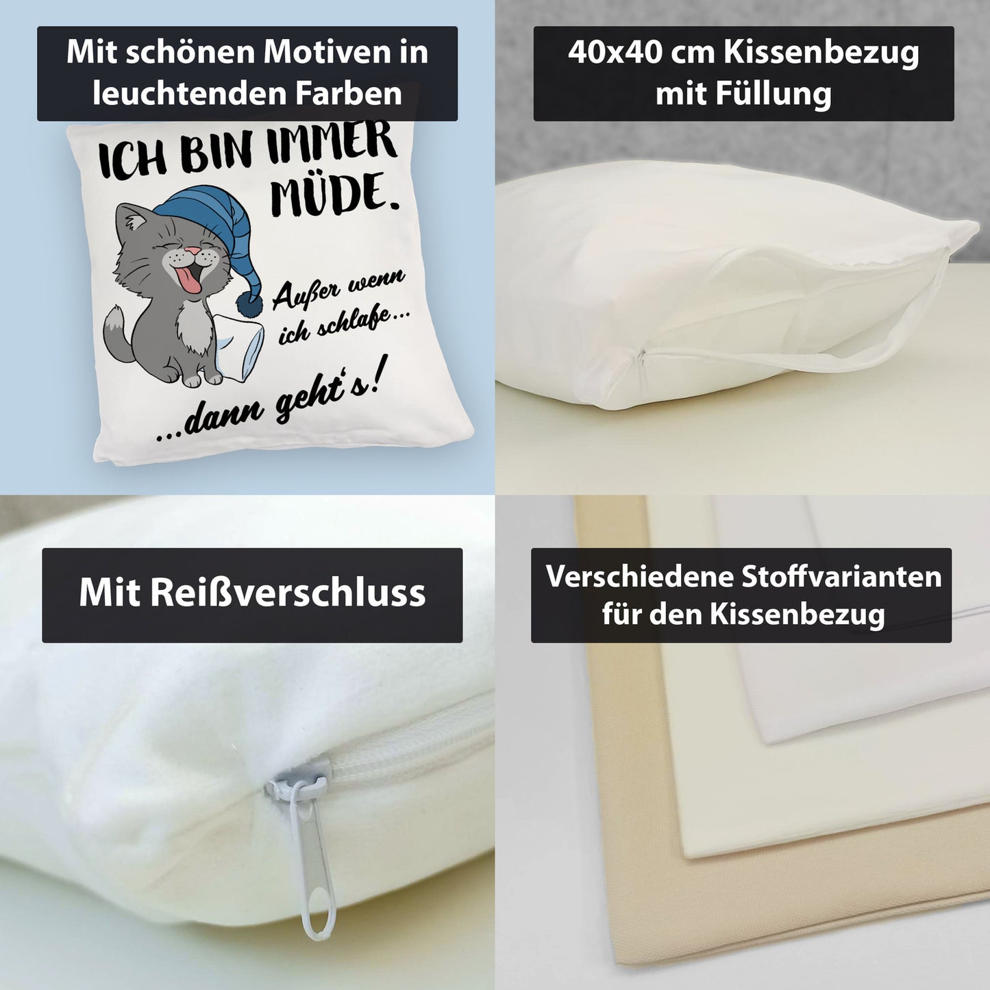 Katze Kuschelkissen mit Spruch- Immer müde außer wenn ich schlafe