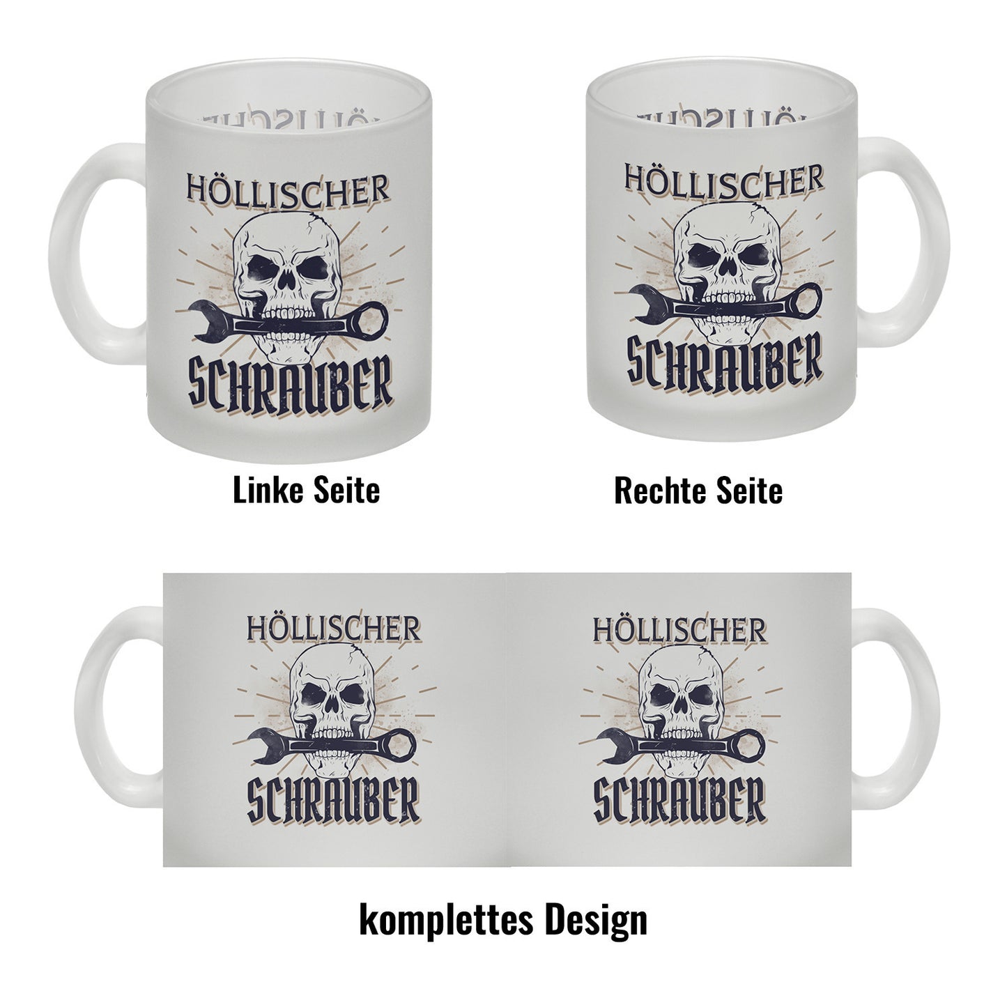 Höllischer Schrauber Glas Tasse mit Totenkopf und Schraubenschlüssel Motiv