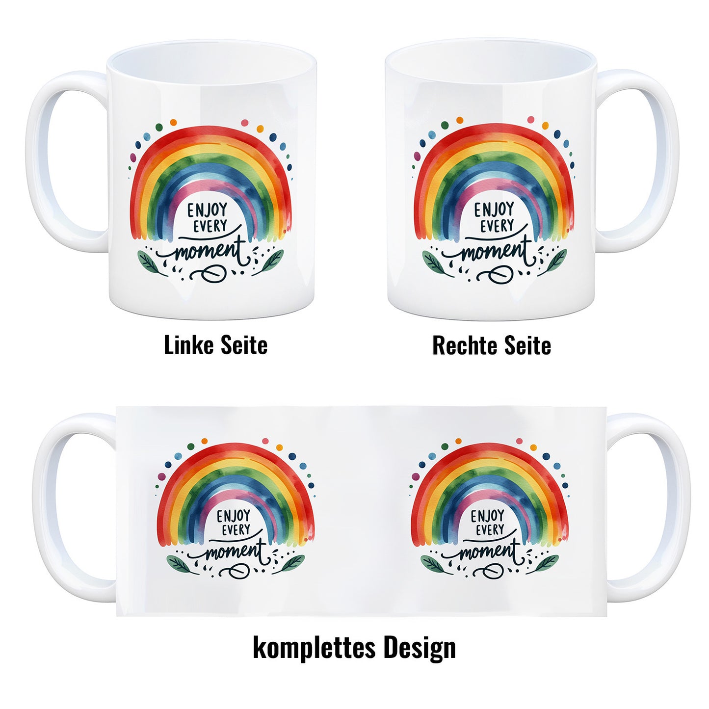 Regenbogen Kaffeebecher mit Spruch Enjoy every moment