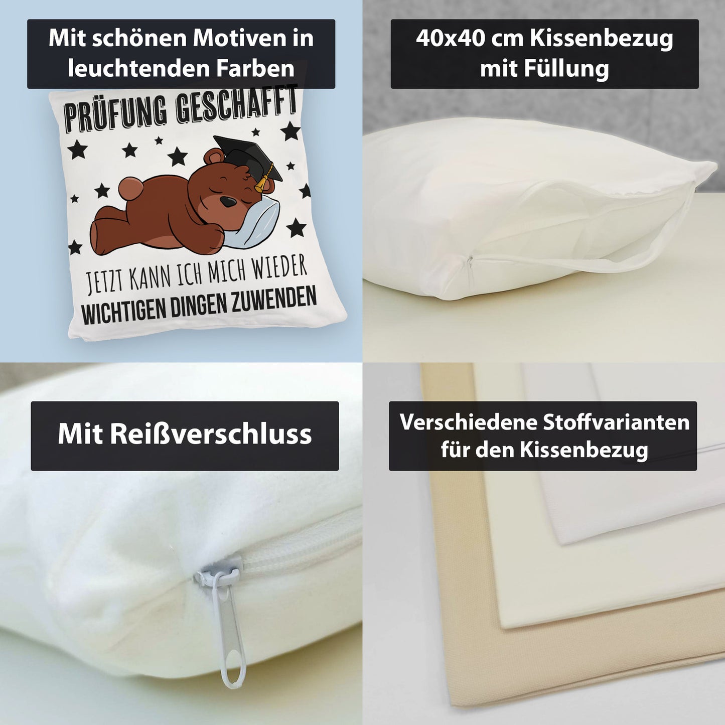 Schlafender Bär mit Doktorhut Kuschelkissen mit Spruch Prüfung bestanden