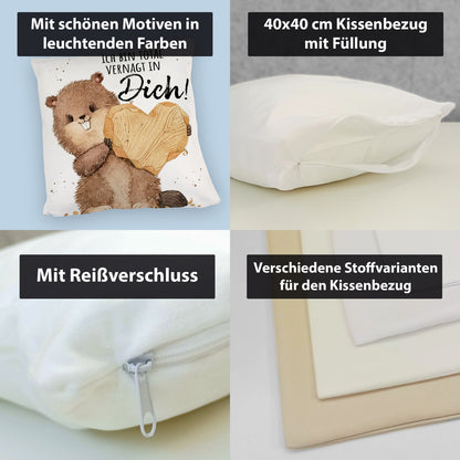 Biber Kuschelkissen mit Spruch Ich bin total vernagt in dich