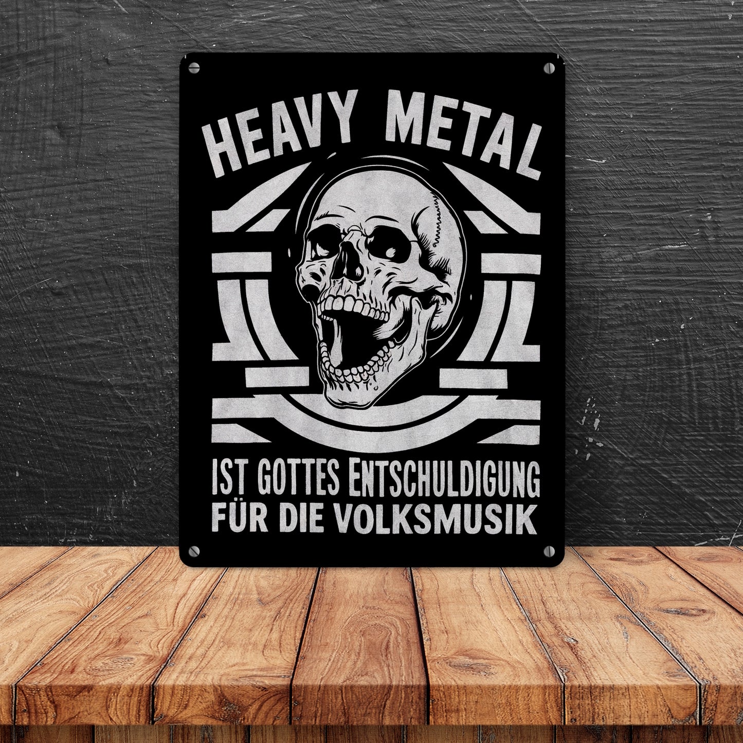 Heavy Metal statt Volksmusik Metallschild XL in 21x28 cm mit Totenkopf