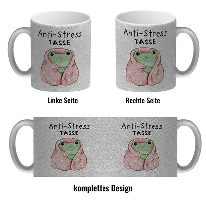 Frosch in rosa Decke mit Spruch Anti-Stress Tasse