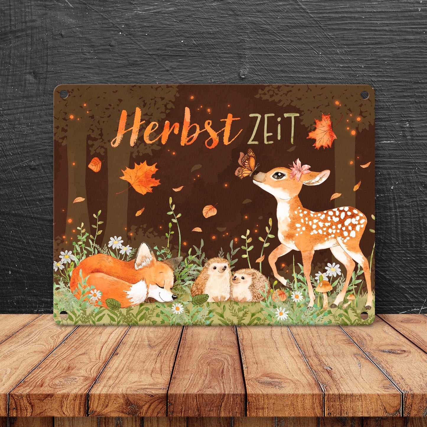 Tiere des Waldes Metallschild in 15x20 cm mit Spruch Herbstzeit