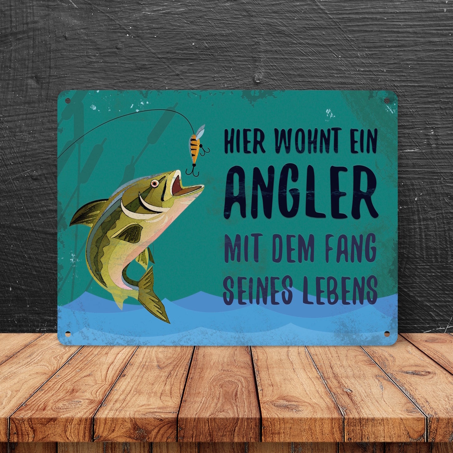 Metallschild XL mit Spruch: Hier wohnt ein Angler