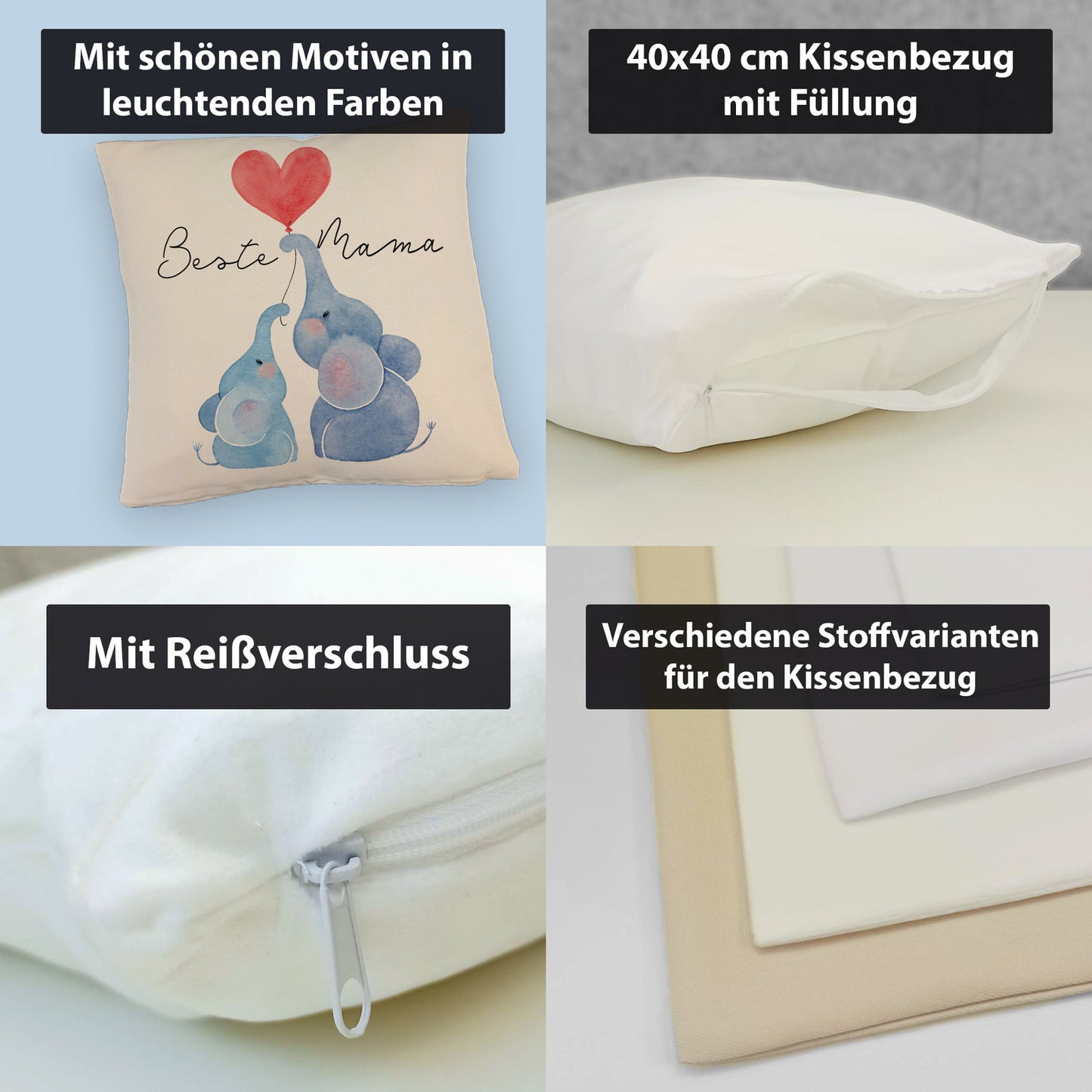 Elefant Mutter und Kind Kissen mit Leinenoptik mit Spruch Beste Mama